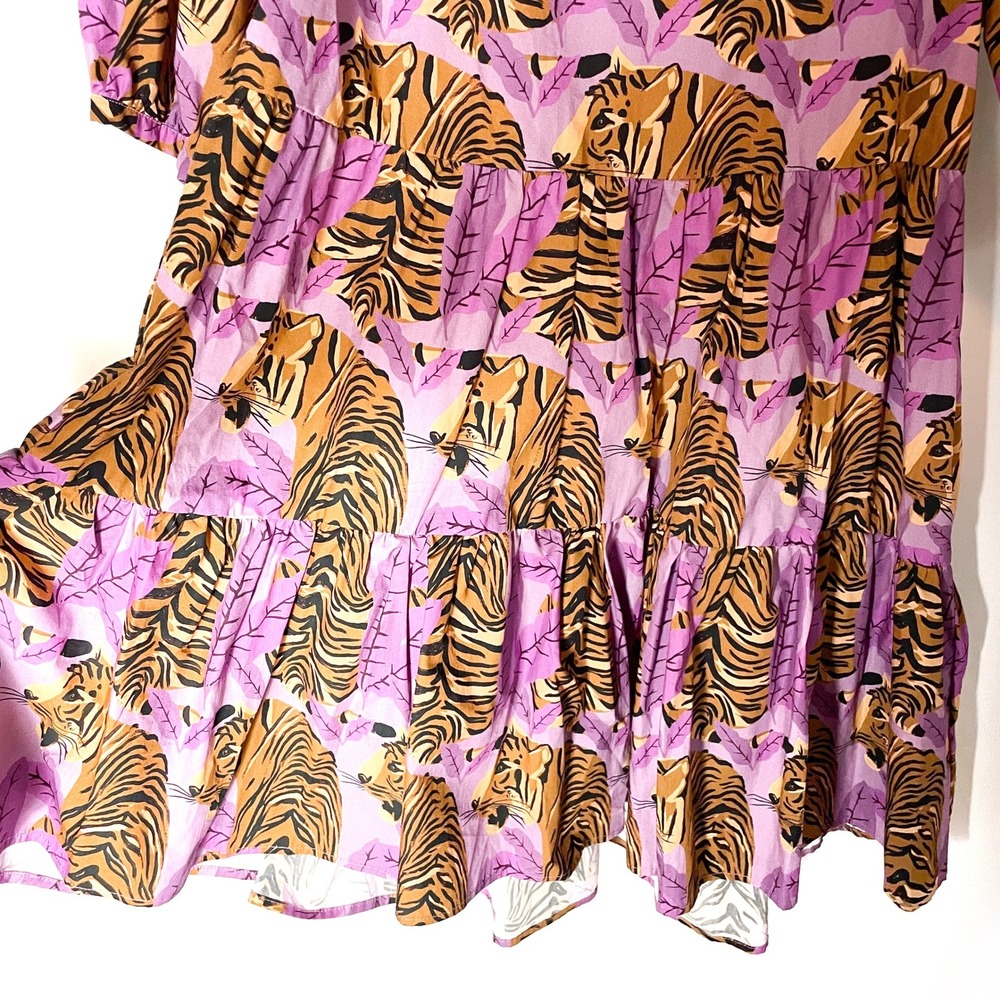Farm‎ Rio Tiger Leaves Dress Purple Mini Tiered Short Puff Sleeve Casual Sz XS - Picture 5 of 9